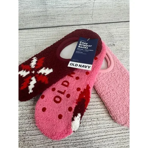 Old Navy Women's Cozy Pink & Maroon 3pk Gripper Socks One Size - Picture 2 of 4